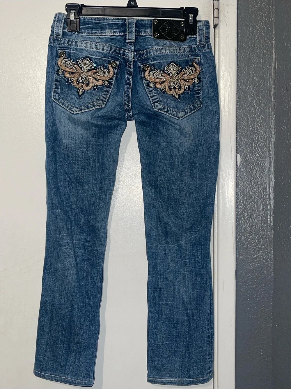 Miss Me Straight Leg Jeans Size 26 Ornate Gold Scrollwork Rhinestone Bling Y2K.